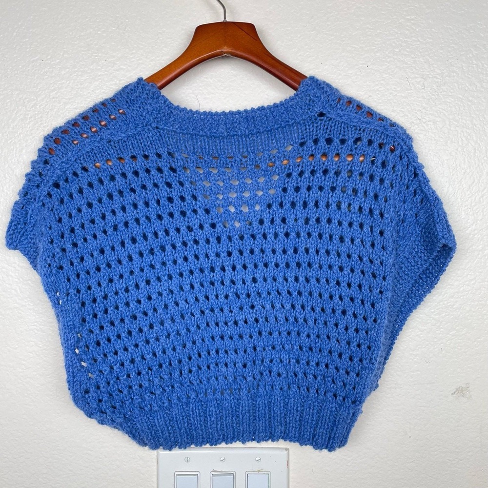 Handmade Womens Cardigan Sz M Crochet Cobalt Blue Twee Cottage Cropped Layering - Picture 3 of 7
